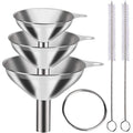 Stainless Steel Funnel Set of 3 - Includes 2 Cleaning Brushes - Kitchen Funnels with Handle - For Liquids, Oil & Spices