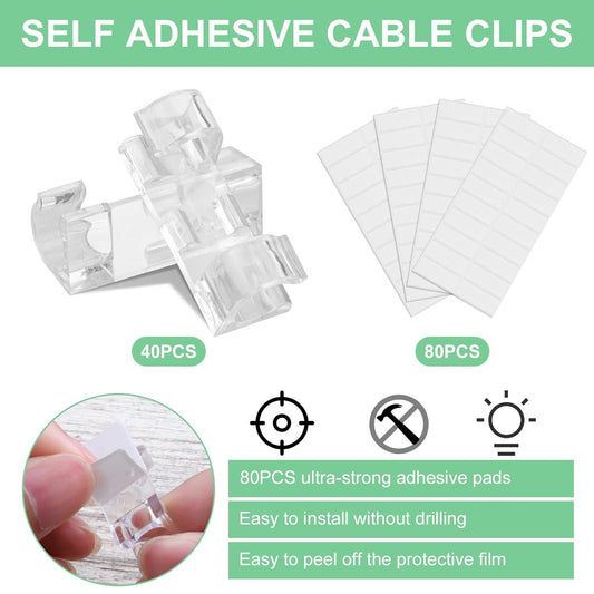 Transparent Cable Clips - Set of 40 - Self-Adhesive Cable Holders - For Cables up to 7 mm - Cable Management.