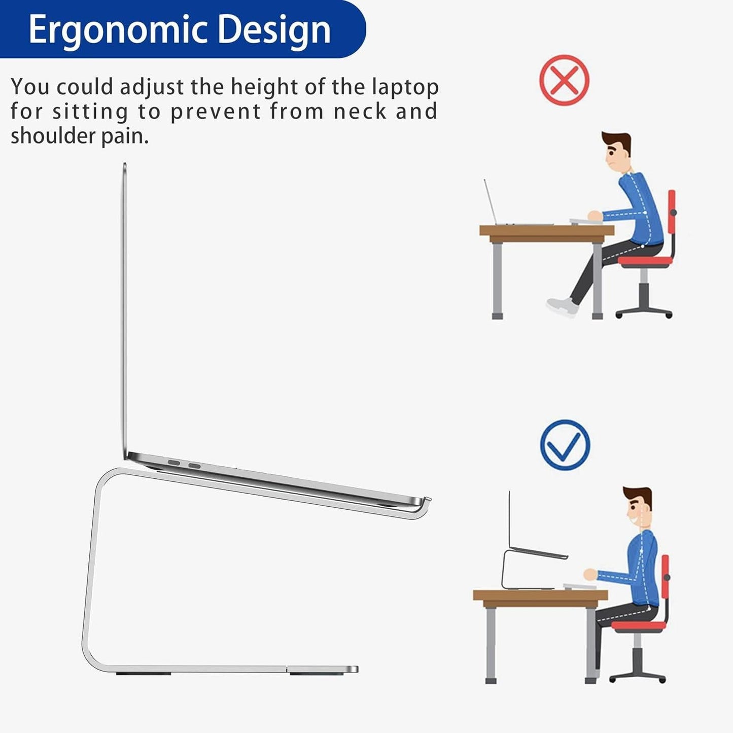 Ergonomic Aluminum Laptop Stand - Removable & Height Adjustable - Suitable for 10-14 inch Notebooks - Metal Silver.