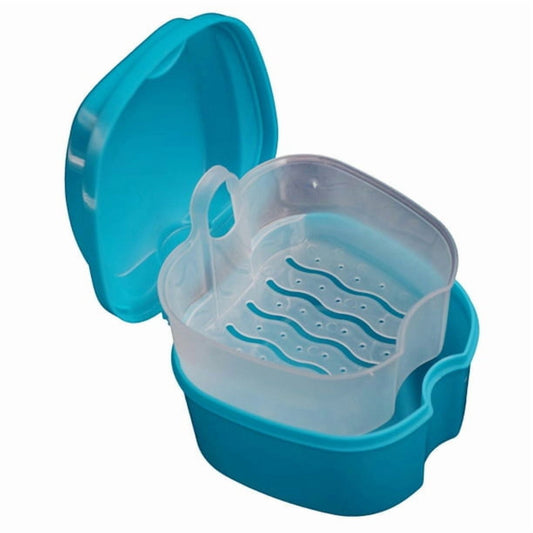 Denture Bath Case Cup Box Holder Storage Container with Denture Cleaner Brush Strainer Basket for Travel Cleaning Green