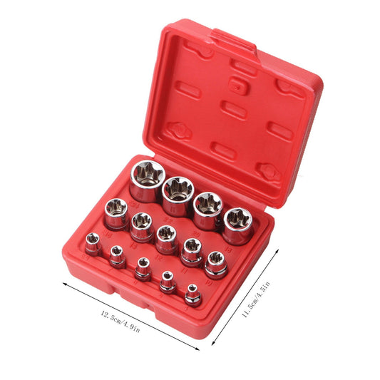 14-Piece Set E-Type 6-Flower Socket Head JWDX, 1x14-Piece Set E-Type 6-Flower Socket Head 14 Pieces Female E Torx Star Socket Set with Rail Female External Star Socket Set E4 E24 Torque Socket Set One Size Red