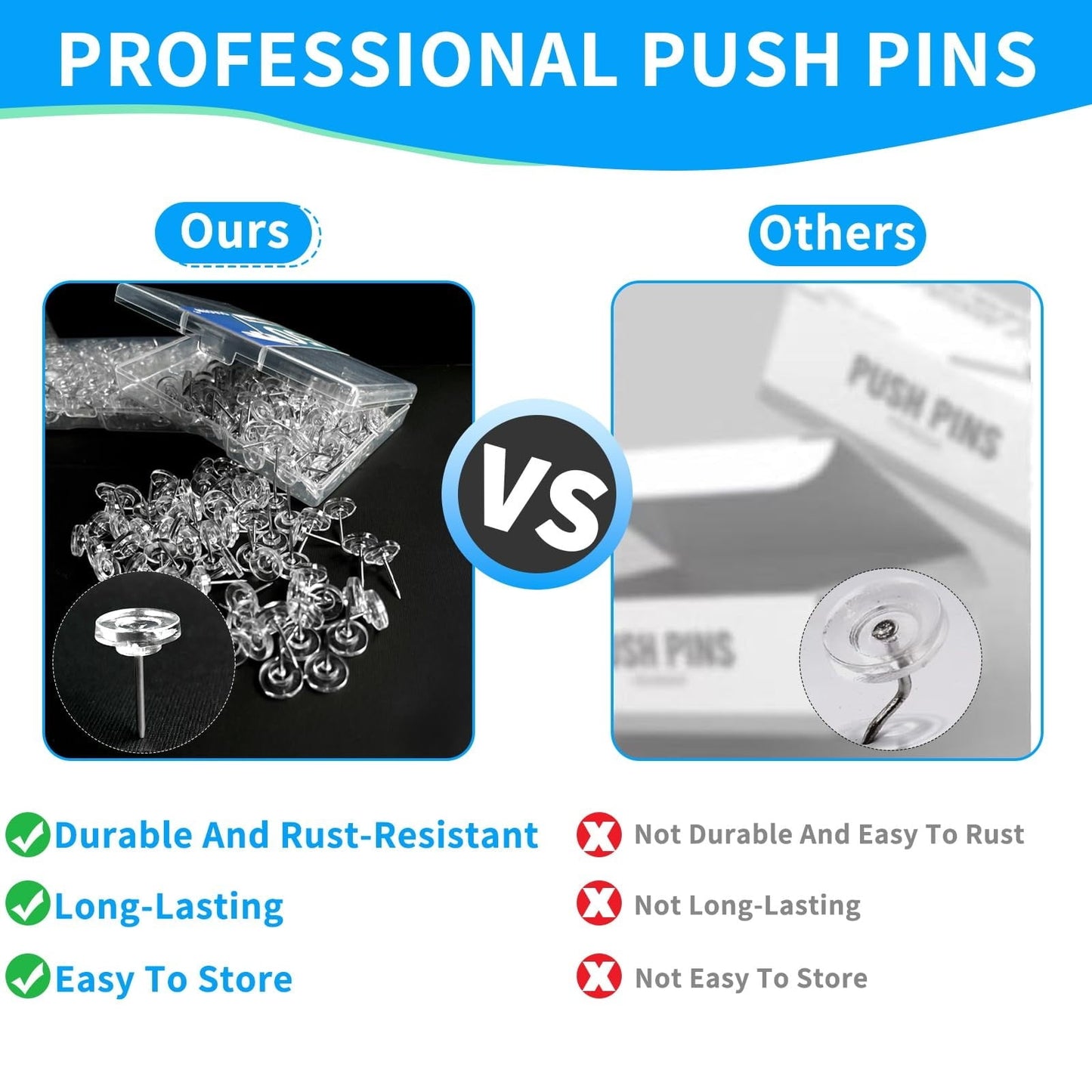 JWDX Hot Clearance! Clear Push Pins Count in Reusable Box for Bulletin Boards and Wall Displays Plastic Head, American Pushpins*1 Box American pushpins Clear
