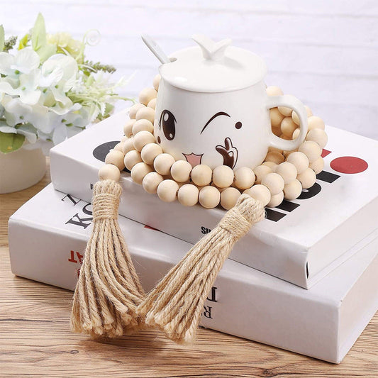Clearance! JWDX Twine Beaded, Desktop Ornament Promotion, 58In Wood Bead Garland with Tassels Farmhouse Beads Rustic Nature Country Decor Prayer Boho Beads Wall Hanging Decoration Beige