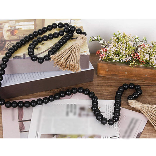 Clearance! JWDX Twine Beaded, Desktop Ornament Promotion, 58In Wood Bead Garland with Tassels Farmhouse Beads Rustic Nature Country Decor Prayer Boho Beads Wall Hanging Decoration Beige Black