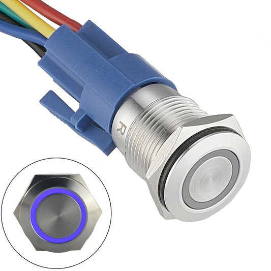 19Mm Latching Push Button Switch 12V Dc On Off Stainless Steel Led Self-Locking Green Blue