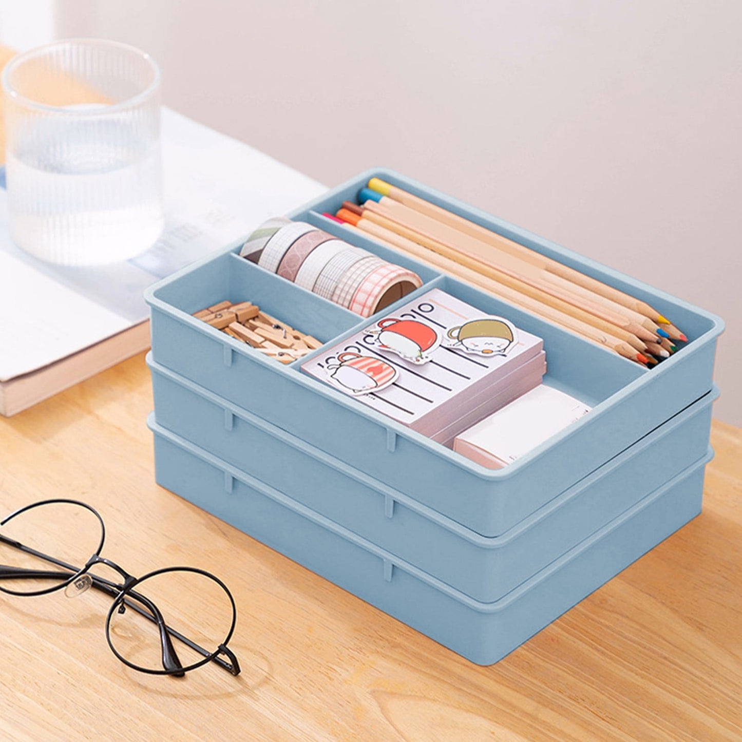 Four Grid Storage Box Plastic Drawer Dividers Flatware Tray Pen Holder Tray Plastic Tray Makeup Tray Plastic Drawers Makeup Vanity Organizer Small Item Pp Office Storage Tray Blue