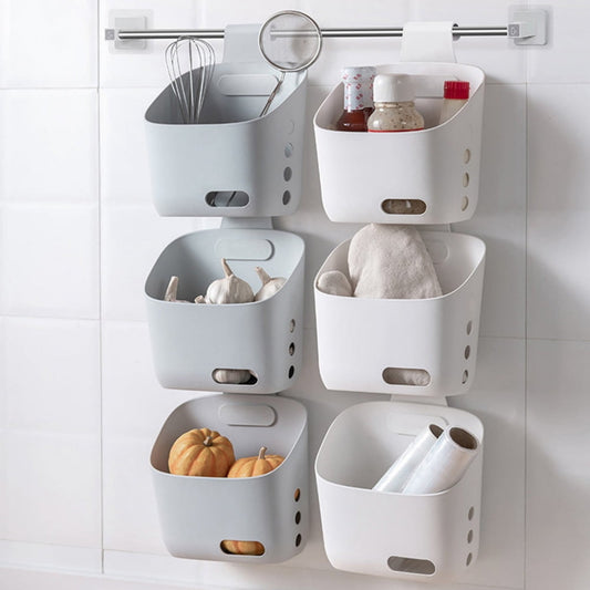 Plastic Hanging Storage Basket, Over Cabinet Door Organizer with Removable Hook, Stackable Wall Mounted Shower Caddy, No Drilling Shelf Bins for Kitchen Food Bathroom Pantry Closet, 6.45x3.07x9.29 6.45" x 3.07" x 9.29" Grey
