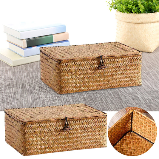 Wicker Shelf Baskets Bin with Lid, Handwoven Seagrass Basket Storage Bins Rectangular Household Basket Boxes for Shelf Wardrobe Home Organizer, Coffee Color 10.2" x 6.3" x 3.9" Brown