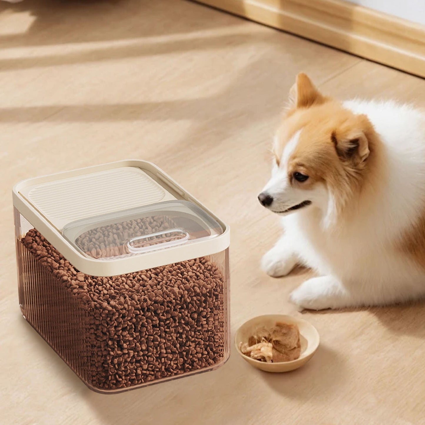 Airtight Pet Food Storage Container for Dog Cat Food Up to 10lbs Large Dry Food Bin with Measuring Cup Lids for Treats and Other Pets (10 LB), 6.31x9.44x7.08 15.16" x 8.27" x 6.77" White