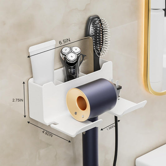 Hair Dryer Holder Wall Mounted, Self-Adhesive Blow Dryer Holder with 3 Storage Compartments, Plastic Hair Tool Organizer for Cabinet Bathroom, White, 6.5x2.75x4.92 6.5" x 2.75" x 4.92" White