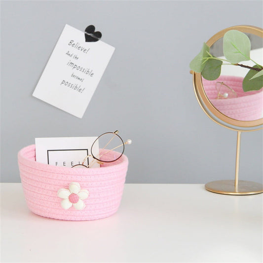 Small Woven Storage Baskets ,Cotton Rope Woven Rattan Baskets,Shelf Toy Basket,Closet Organizer Bins,Small Storage Baskets for OrganizingShallow Basket,Tiny Oval Shallow Baskets,6.3x3.15",White Pink