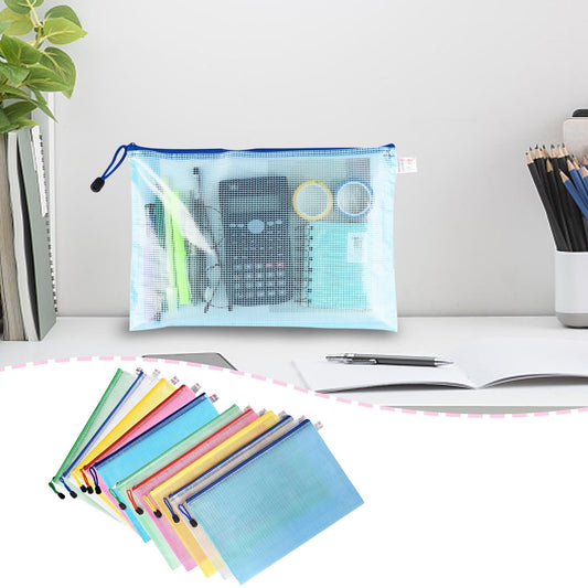Zipper Mesh Document Pouch, 13.39x9.06 Inch/A4, Plastic Water-Resistant File Bags, for Office Supplies, Cosmetics Travel Storage, Assorted Color, 10 Pcs, 5 Color 13.39x9.06" White