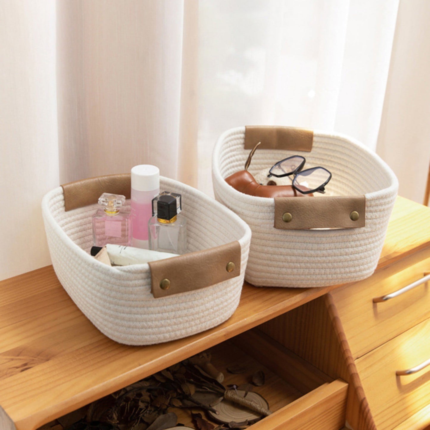 Cotton Woven Basket with PU Leather Handle, Clothes Toys Candy Gifts Cotton Rope Organizer, Living Room Basket Bathroom Shower Storage Laundry Basket, Dog Cat Bed, Fall Basket, 11.02x8.66x4.33 11.02" x 8.66" x 4.33" Coffee