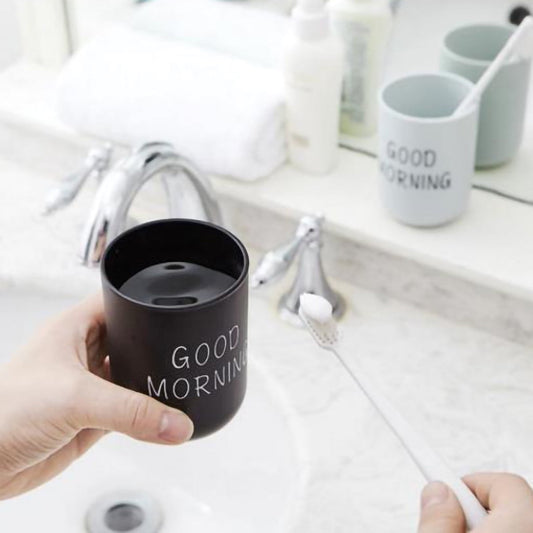 1PC Unbreakable Plastic Bathroom Cup - 12oz Toothbrush Holder & Reusable Tumbler for Drinking & Mouthwash. Easy to Clean, Available in 5 Colors, Good Morning Printed(Black,2.5x2.5x3.5") Black