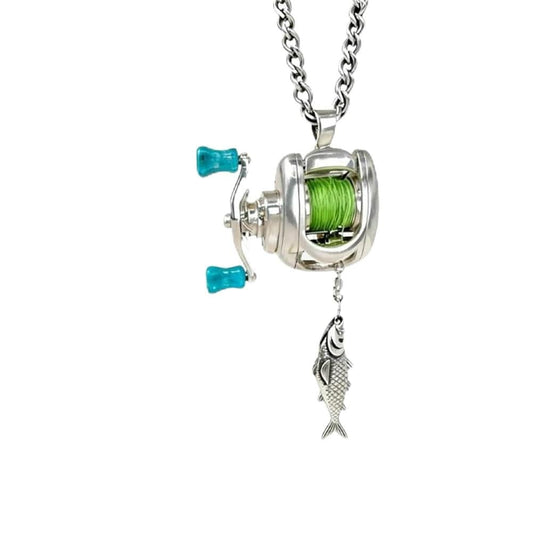 Mini Fishing Reel Necklace with Rotating Handle,Functional Spinning Reel Pendant for Anglers,Movable Line Guide and Keychain Loop,Collectible Gift for Fishing Lovers,Men,or Outdoor Enthusiasts.