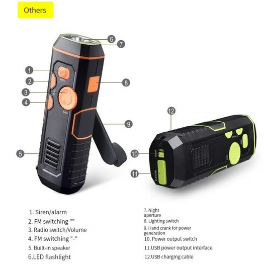 Wind-up Radio - Solar Radio - World Receiver - Portable Radio - Flashlight with Dynamo - Powerbank Function - Camping Gear - Outdoor Gadgets - Rechargeable Flashlight - USB Charger - FM AM Receiver - Hiking - Assorted Colors - 1 Piece.