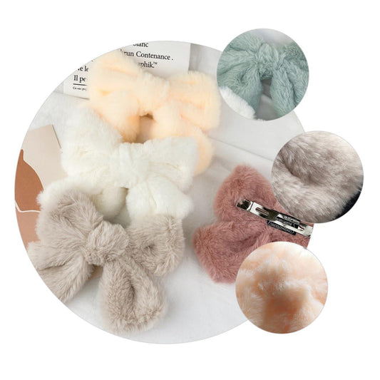 Hair Clip - Hairpin - Hair Bow - Large Bow - Hair Accessories Girls - Hair Accessories Women - Plush - Fluffy - Winter Accessories - Gift For Women - Clip - Soft - Black Beige Gray White Pink And Green - 6 Pieces.