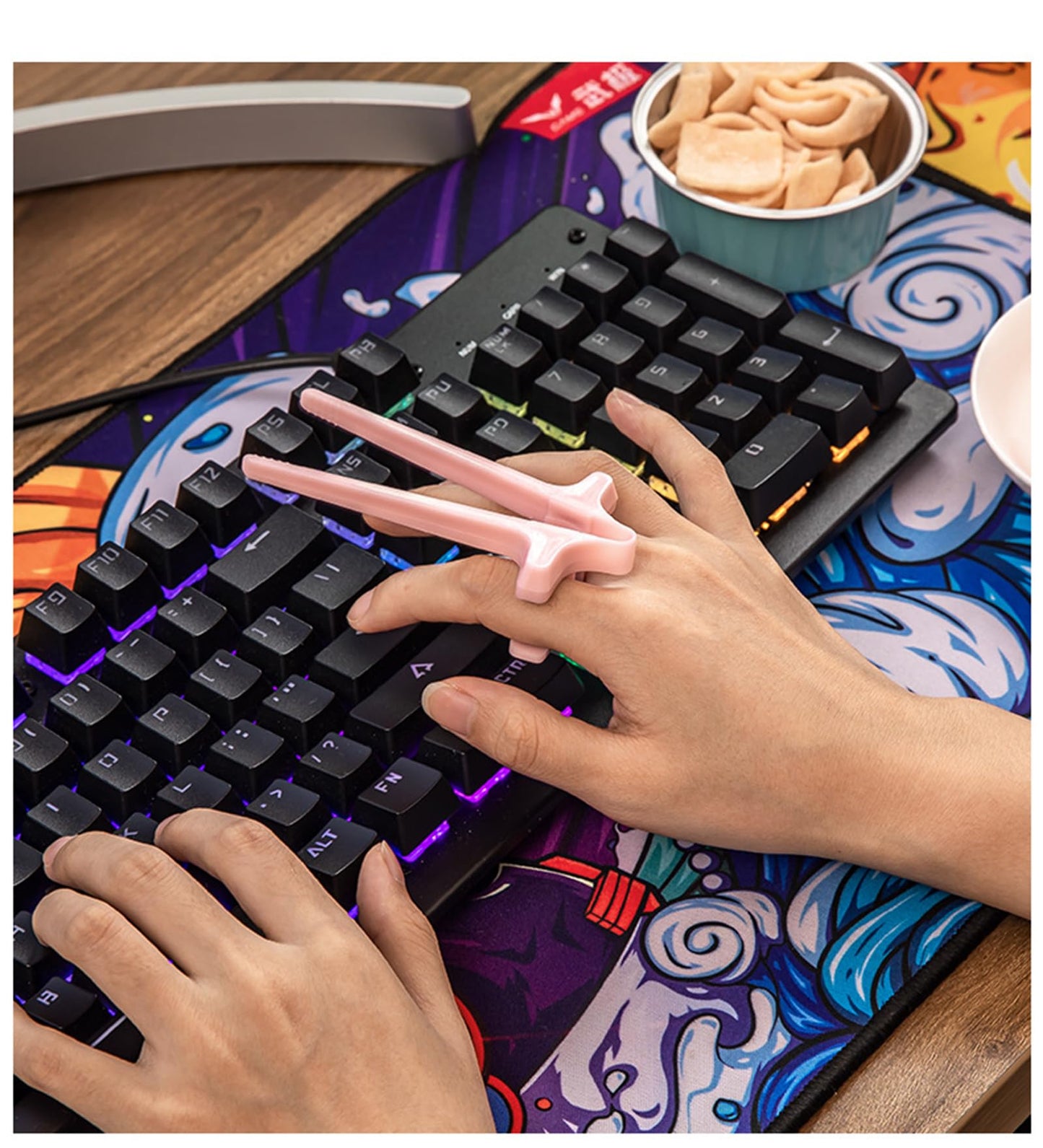 Finger Chopsticks - Gaming Accessories - Snack Sticks - Chip Tongs - Gadgets Men - Gift for Gamer - Computer Accessories - No More Greasy Fingers - Funny Gifts - Snack Tweezers - Reusable - Black White Gray and Pink - 4 Pieces.