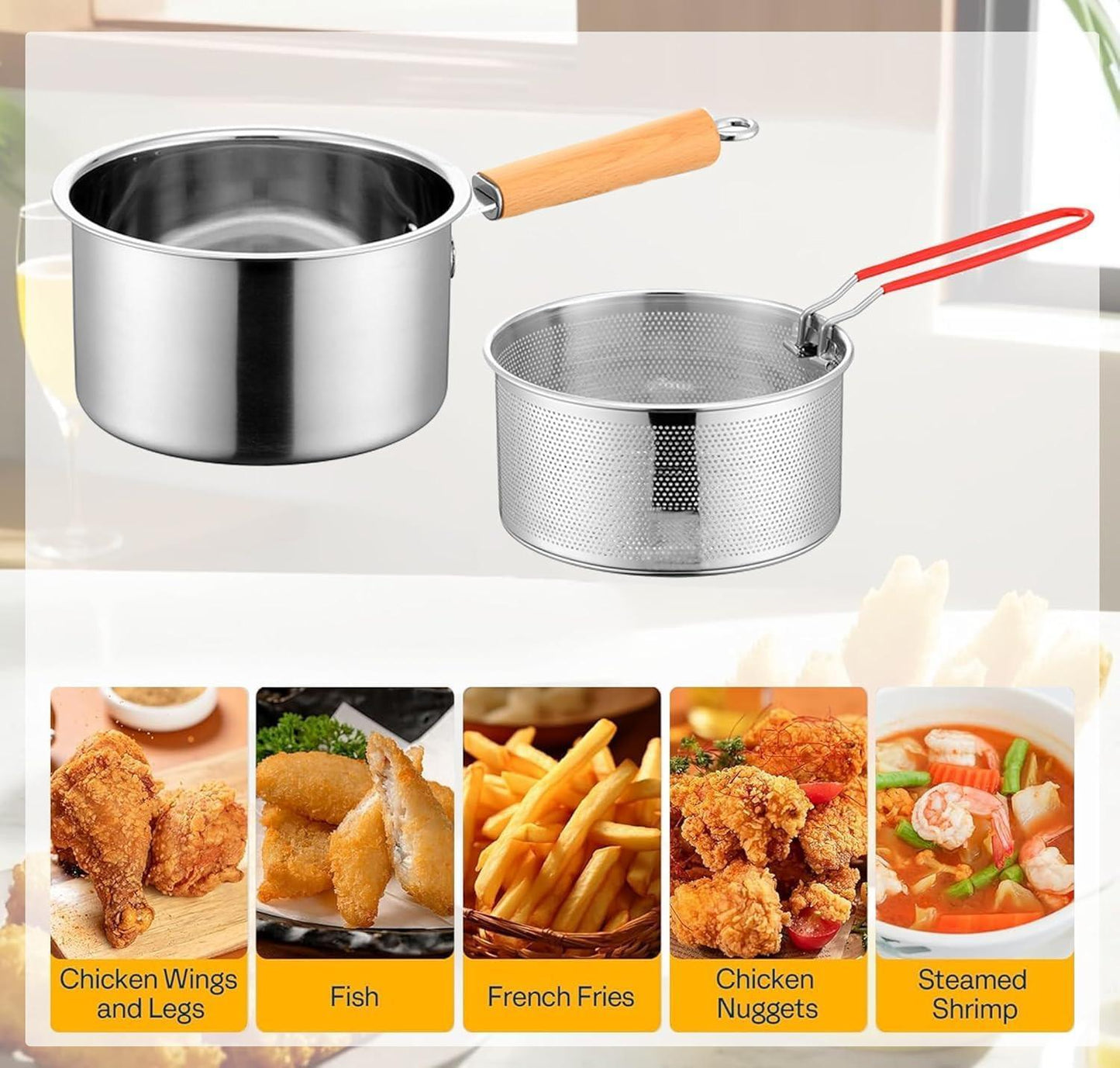 Deep fryer - Deep fryer - Saucepan - Cooking pot - Frying basket - Doughnut pan - Dutch oven - Induction pan - Gas - Electric - Frying set - Kitchen utensils - Kitchen accessories - Including tongs - Stainless steel - Stainless steel - Silver - 1 piece.