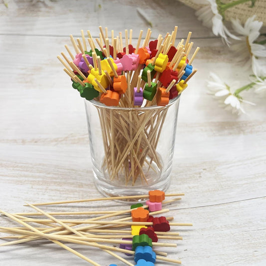Cocktail sticks - Satay sticks - Tapas sticks - Flowers - Party supplies - Snacks - Birthday - Decoration - Snacks - High Tea - Summer - Garden party - Treat - Fruit sticks - Wood - Bamboo - 12 cm - Multi-colored - 100 Pieces.