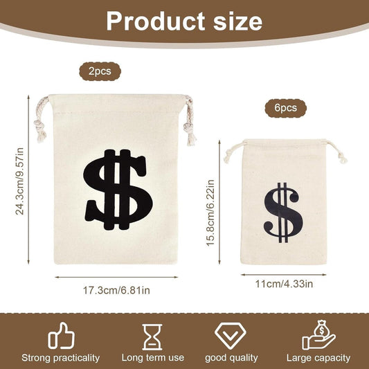 Pack of 8 Fabric Bags - Small Dollar Sign - Drawstring - Coin Pocket - Storage Accessories