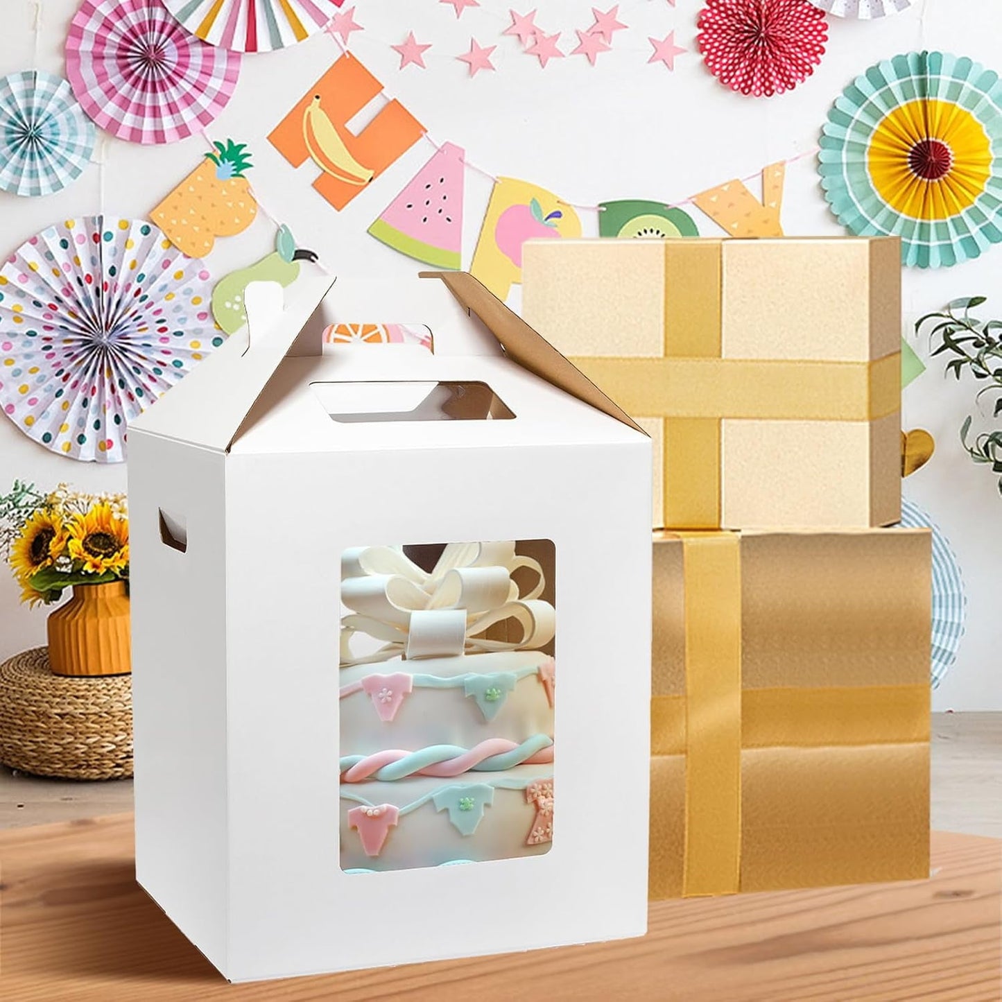 Large Tall Cake Boxes,Disposable Layer Tall Cake Carrier with Window,White Cake Packaging Box,Portable Cake Box,Tier Cake Take Out Transport Containers,for Birthday Wedding Christmas 10" x 10" x 16"