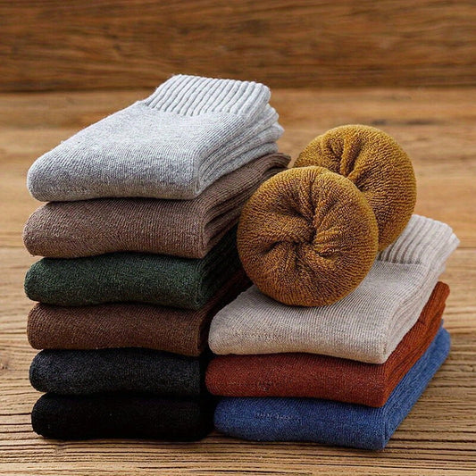 SUGARMOM 5-Pack Unisex Thick Knitted Cotton Socks - 100% Pure Cotton Solid Color Mid-Calf Length Extra Thick Terry Loop Pile Machine Washable Warm Winter Crew Socks One-size 5 Pairs Of Random Mixed Colors