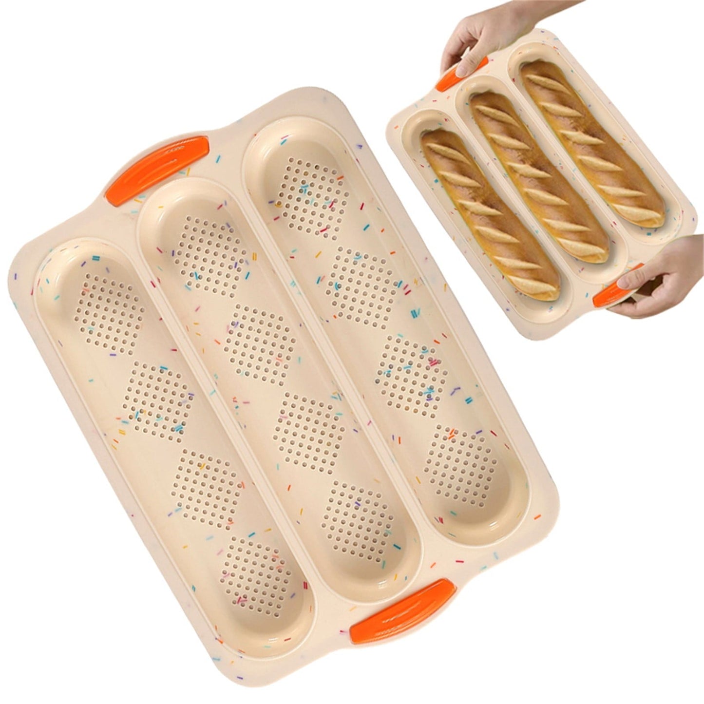 3-Slot French Bread Pan - Non Stick Silicone Baguette Mold for Hoagie, Sub Roll & Hot Dog Buns - Oven Safe Baking Tray with Vent Holes (Beige) Clearance D