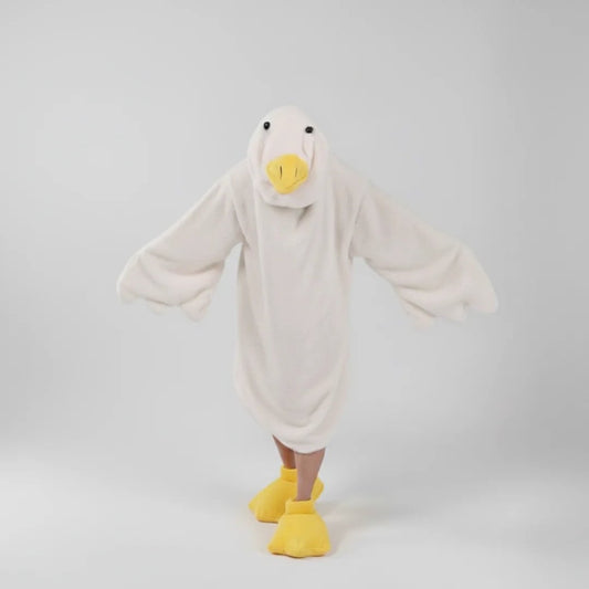 Goose Blanket Hoodie Onesie, Large Warm Wearable Flannel Blankets with Sleeves and Gooses Feet Slippers, for Festival Home Party Holiday Indoor M White