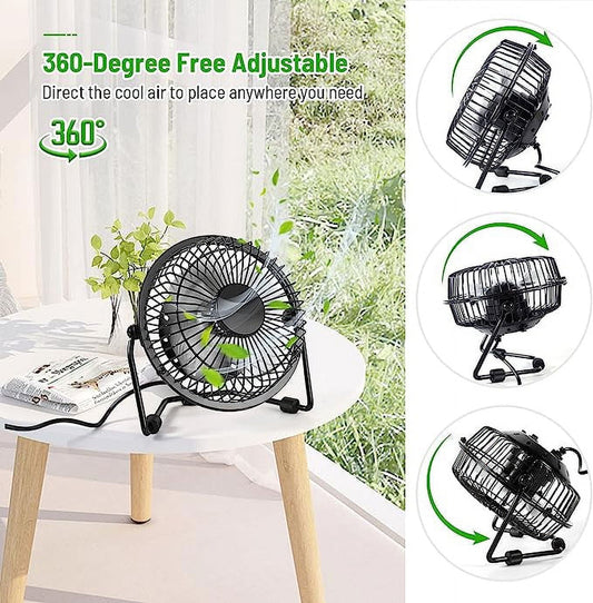 Tutuviw 4 Inch USB Desk Fan,Small and Quiet,Powerful USB Powered Portable Fan,Strong Airflow,Mini Metal USB Fan,360°Rotation,Personal Cooling Fan with 2 Speed for Home Office,Black Blue