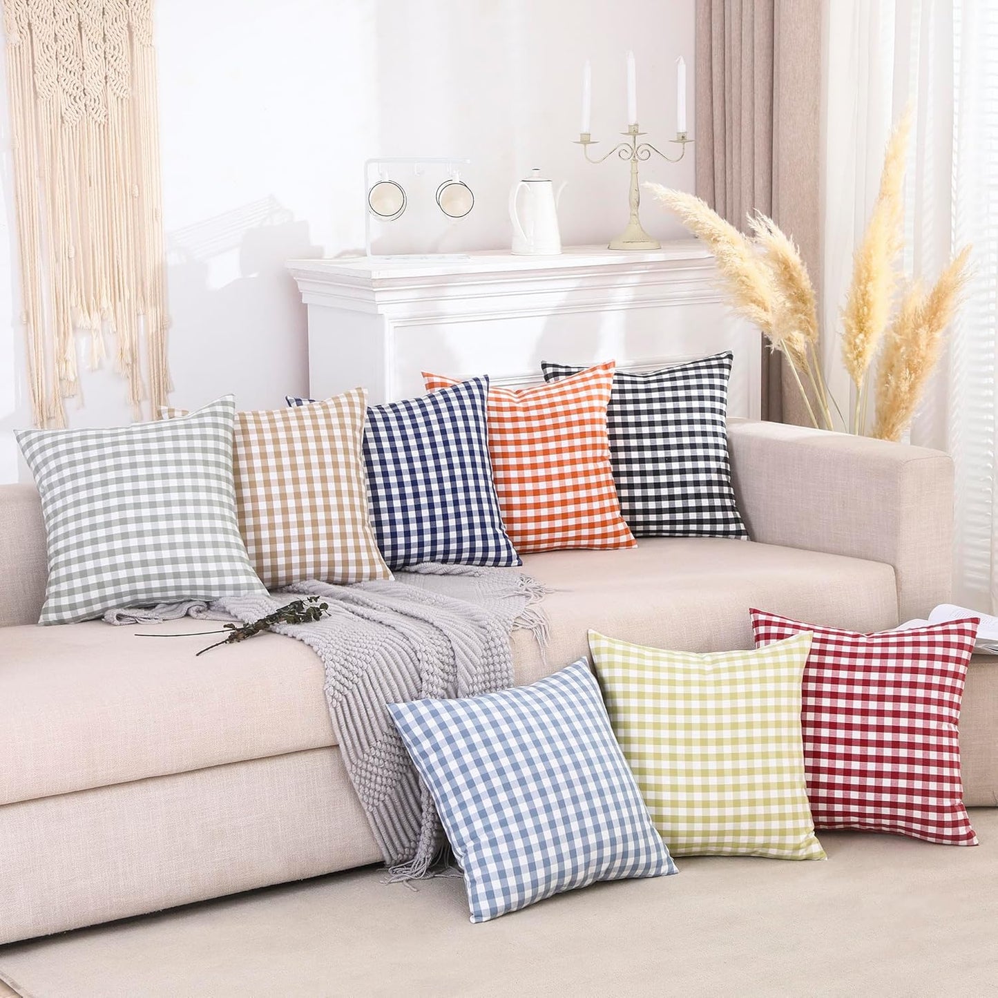 Light Blue Farmhouse Buffalo Plaid Pillow Covers 18x18 Set of 2 Patio Outdoor Decor Neutral Checkered Pillow Covers 18 x 18, Blue and White Gingham Plaid Gingham 18"x18", Set of 2 Greyish Green