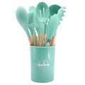 Chmadoxn 12 Pcs Silicone Cooking Kitchen Utensils Set with Holder, Wooden Handles Cooking Tool, Turner Pliers Spatula Spoon Kitchen Gadget Suit for Non-Stick Cookware, Women's Gifts 13×4 in Mint Green