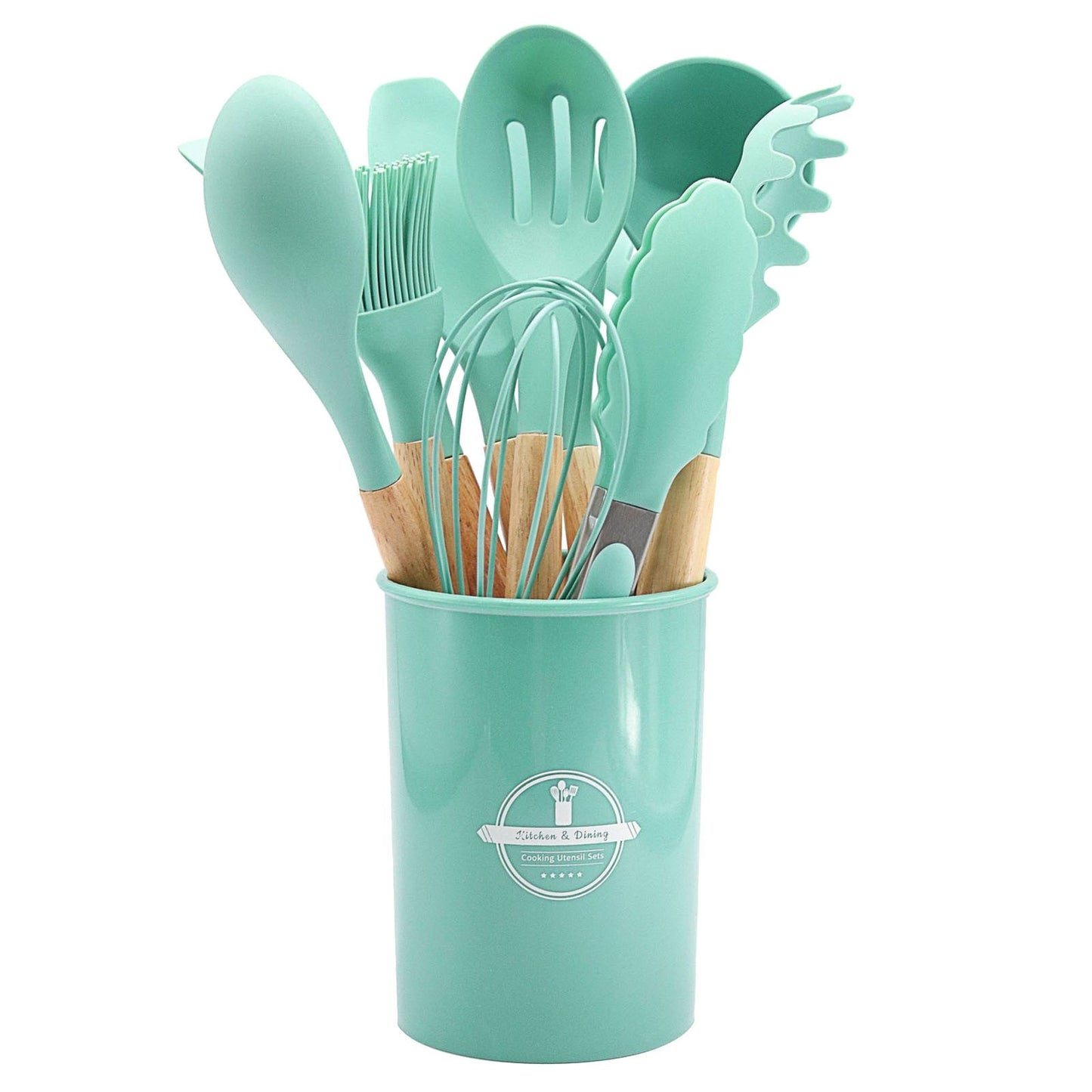 Chmadoxn 12 Pcs Silicone Cooking Kitchen Utensils Set with Holder, Wooden Handles Cooking Tool, Turner Pliers Spatula Spoon Kitchen Gadget Suit for Non-Stick Cookware, Women's Gifts 13×4 in Pink