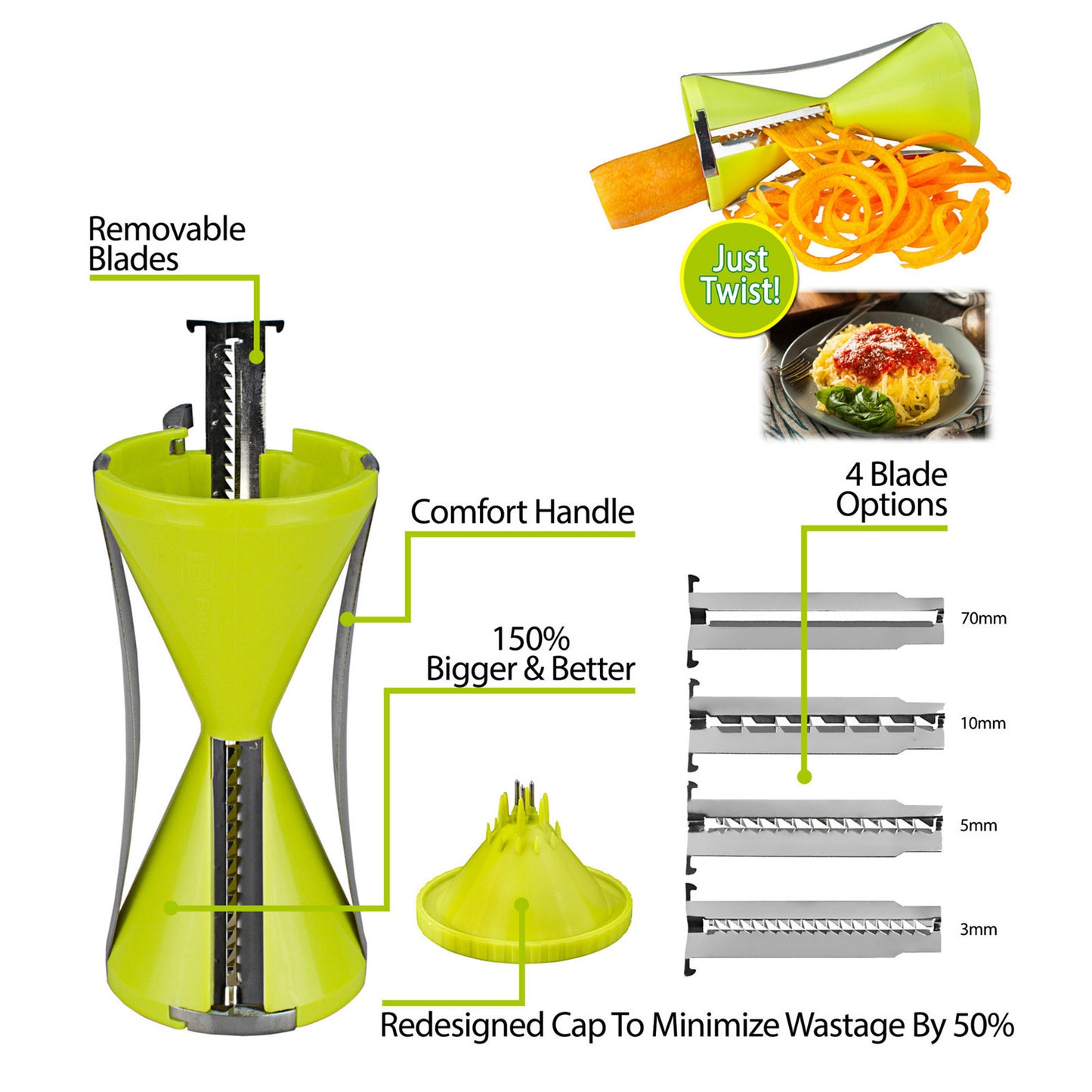 Darzheoy Spiralizer, Stainless Steel Vegetable Cutter for Large or Small Veggie Spaghetti Zucchini Carrot Pasta Noodle Maker Green