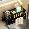 Darzheoy Sponge Holder for Kitchen Sink, Auto Draining Kitchen Sink Caddy, Rustproof Steel Dish Sponge Organizer with Removable Dishcloth Rack, Soap Dispenser Brush Holder Black