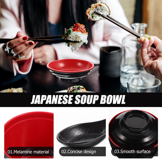 HOOWIFFY Traditional Japanese Miso Soup Bowl Set, Round Black Ceramic, 10x10x9.5cm, Perfect for Authentic Asian Cuisine