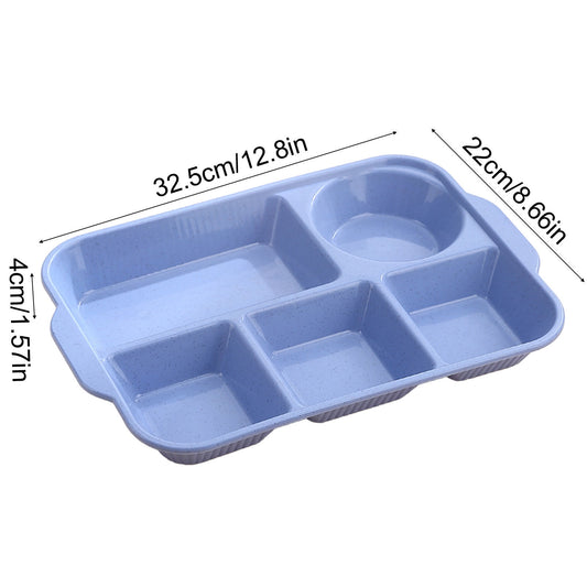 Darzheoy Unbreakable Divided Plates, 5-Compartment Wheat Straw Tray Divided Food Plates Lunch Trays Section Plates for Kids Adults, Microwave Dishwasher Safe, BPA Free Blue