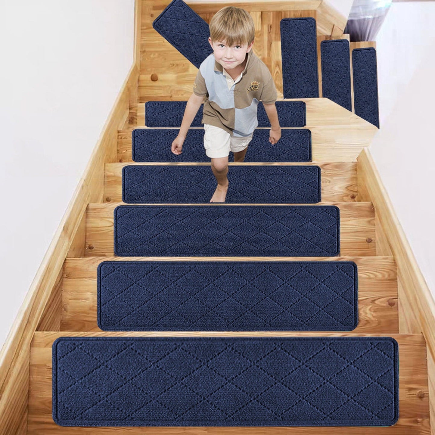 Chmadoxn 4-Piece Non-Slip Stair Treads, Self-Adhesive Striped Carpet Mats, Absorbent & Quiet Step Pads, Can Be Cut to Fit, Washable for Indoor Staircase Safety\u200b\u200b Navy