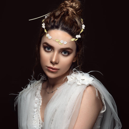 HOOWIFFY Lily of The Valley Floral Headband Golden Ribbon Design for Brides and Teens