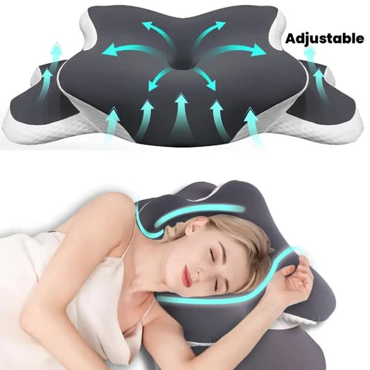 Dark grey Ergonomic Memory Foam Butterfly Neck Pillow, C-shaped/Dual Height Adjustable, with Transparent Lid Support – for Side Sleeping, Back Sleeping, and Pillow-Assisted Sleep, Ideal for Travel and Bed Use