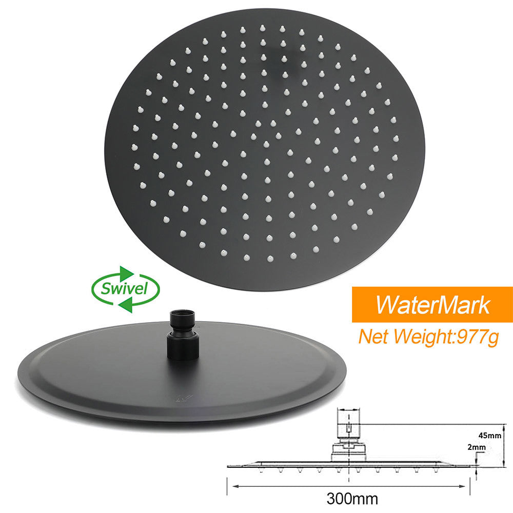 WELS Matt Black 12" Large Round Rain Shower Head & Gooseneck Swivel Wall Arm Set