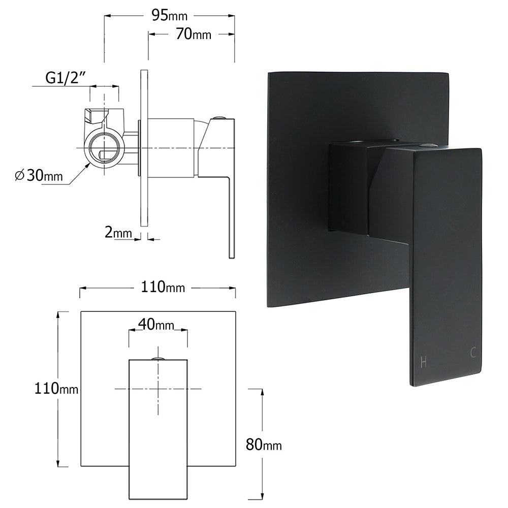 WELS Matt Black 2in1 Square 10" Rain Shower Head 3 Mode Handheld Adjustable Rail Set + Mixer