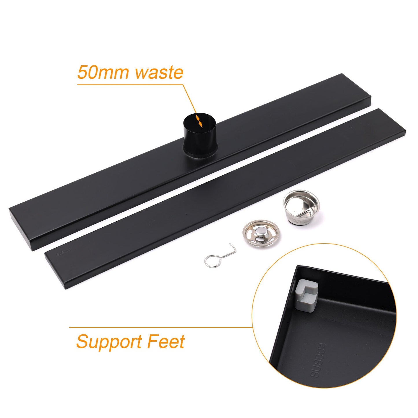 WaterMark Matt Black 900mm Tile Insert Shower Grate Floor Drain 50mm Flow Waste
