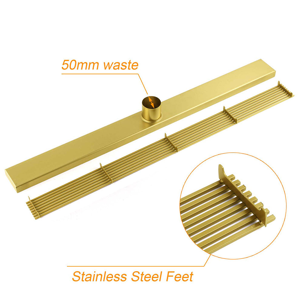Brushed Gold SUS 900mm Strip Fence Bathroom Floor Shower Grate Drain 50mm Outlet