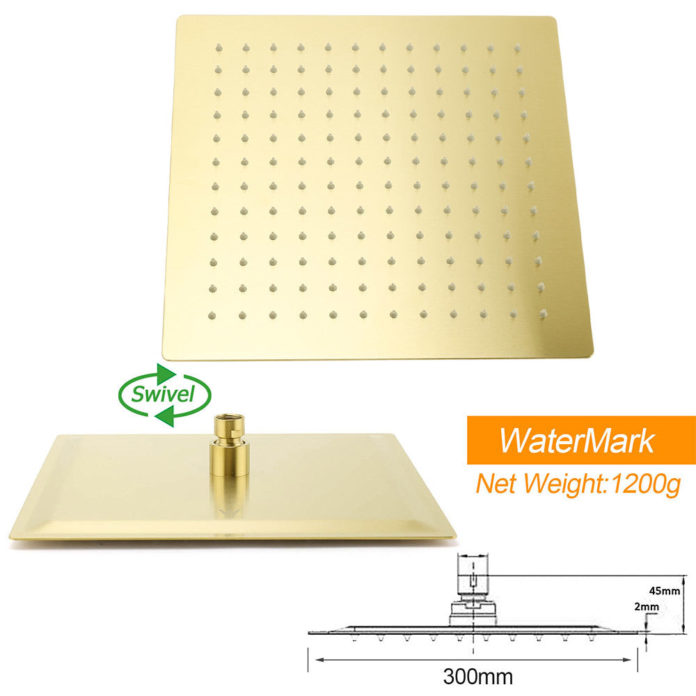 WELS Brushed Gold 12" Square Thin Rain Shower Head 400mm Straight Wall Arm Set