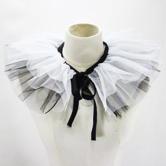 Women's Renaissance Tulle Ruffled False Collar Layered Black White Mesh Clown Choker Lace Up Victorian Neck Ruff Shawl Cosplay Props.