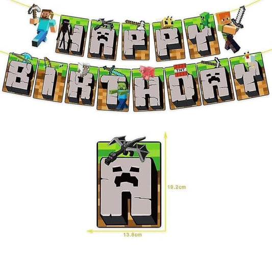 Minecraft Theme Happy Birthday Set Decoration Accessories Banner Pull Flag Cake Decorations Kit null none