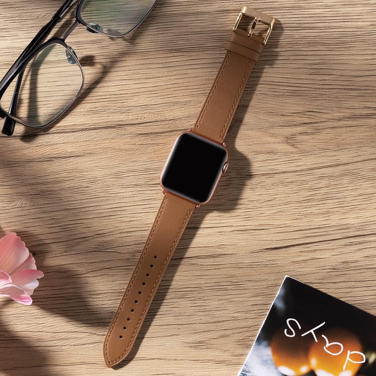 Apple Watch Leather Strap, Genuine Leather Replacement Band for Apple Watch Series 9 8 7 6 5 4 3 2 1 & iWatch SE, Ultra (38mm 40mm 41mm, Brown) Brown