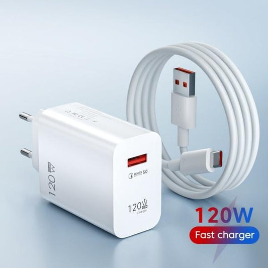 120W USB Charger Fast Charging QC3.0 USB C Cable Type C Cable Mobile Phone Charger for Huawei Samsung Xiaomi Fast Charging EU-White-10A.