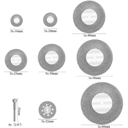 32pcs Mini Diamond Cutting Disc with 4pcs Mandrels Cutting Disc Mini Cutting Discs for Glass/Precious Stone/Wood/Metal/Ceramic-16/20/22/25/30/40/50/60mm.